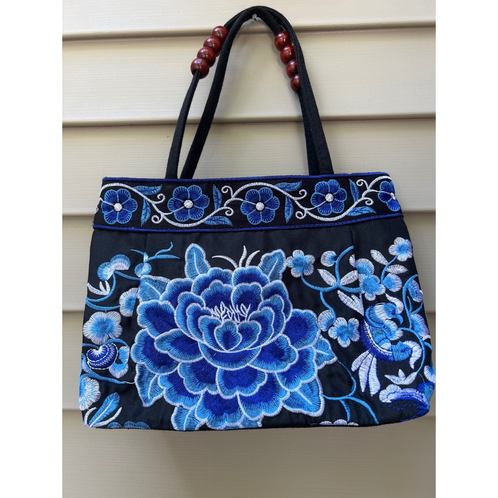 Boho Floral Embroidered Canvas Shoulder Bag Black Blue Wood Bead Accents EUC